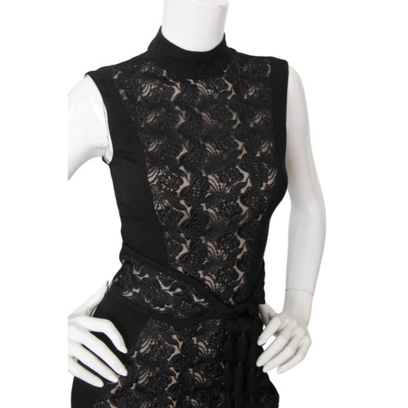 Bebe Lace Sleeveless Fringe Sash Open Back Mini Sheath Dress 2 - Picture 3 of 5